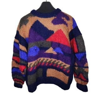 Vintage 90s Mohair Chunky Landscape Sweater Womens XL Blue Red Grunge Oversized